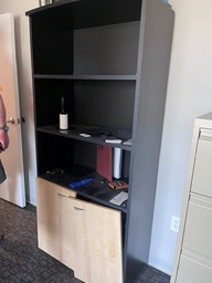 [#D3] Cabinet- Blk with light wood doors - half open shelves