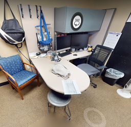 [#A2-3] L-shaped desk workstation, 3 panels w/ 2 overhead bins