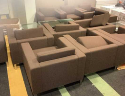 [#B6-16] Sofa (Single Seater) 
Brown fabric upholstery
Chromed leg base