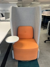[#B6-9] High Back Sofa (Single Seater)
Orange fabric upholsteried sofa
Light grey fabric panel
with white round table on right side