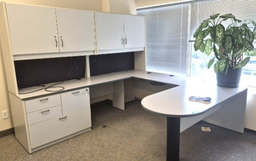 [#E9-16] U-Shaped Grey Office Suite with overhead hutch
