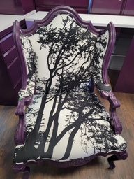 [#B8-24] Chair, Black &amp; white tree print upholstered with purple wood trim, arms and legs, 32" x 32" x 48"Ht