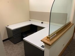 [#E7-83] Admin "U" Group, Laminate w/ Metal Supporting Pedestals, Tackboard,
Desk w/ Box Box File Supporting Pedestal, Credenza w/ Box Box File Supporting
Pedestal, Right Hand, Light Grey Laminate, Charcoal Paint