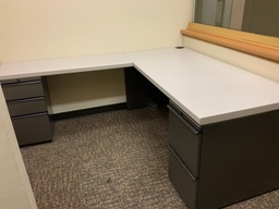 [#E6-44] Office "L" Group, Laminate w/ Metal Supporting Pedestals,
Desk w/ Box Box File Pedestal, Credenza w/ File File Pedestal,
Lef Hand, Cherry Laminate, Putty Paint