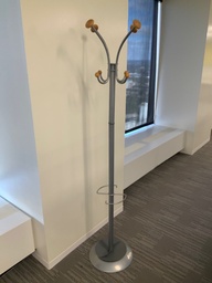[#00-58] Coat Tree - All Aluminum w/ Umbrella Holder, Oak Accents