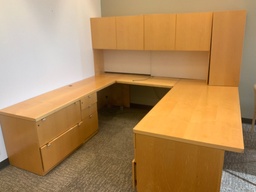 [#E7-145] Executive "U" Group -  36x90 Single Pedestal Desk - BBF w/ Freestanding Hutch, Tackboards, Task light, Surface Storage Tower Desk, Center Drawer, Credenza w/ Double Lateral File &amp; BBF, Left Hand - Light Maple