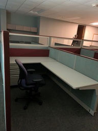 [#A4-74] Complete Workstation Mid - Green Panel - Wood Trim - 3-Drawer Ped. - Tan Surface